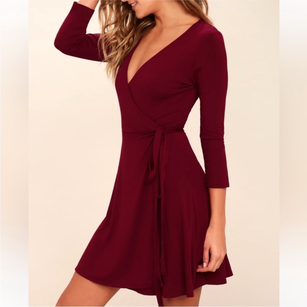 LULU’s Twirl-Worthy Burgundy Wrap Dress - Picture 2 of 9